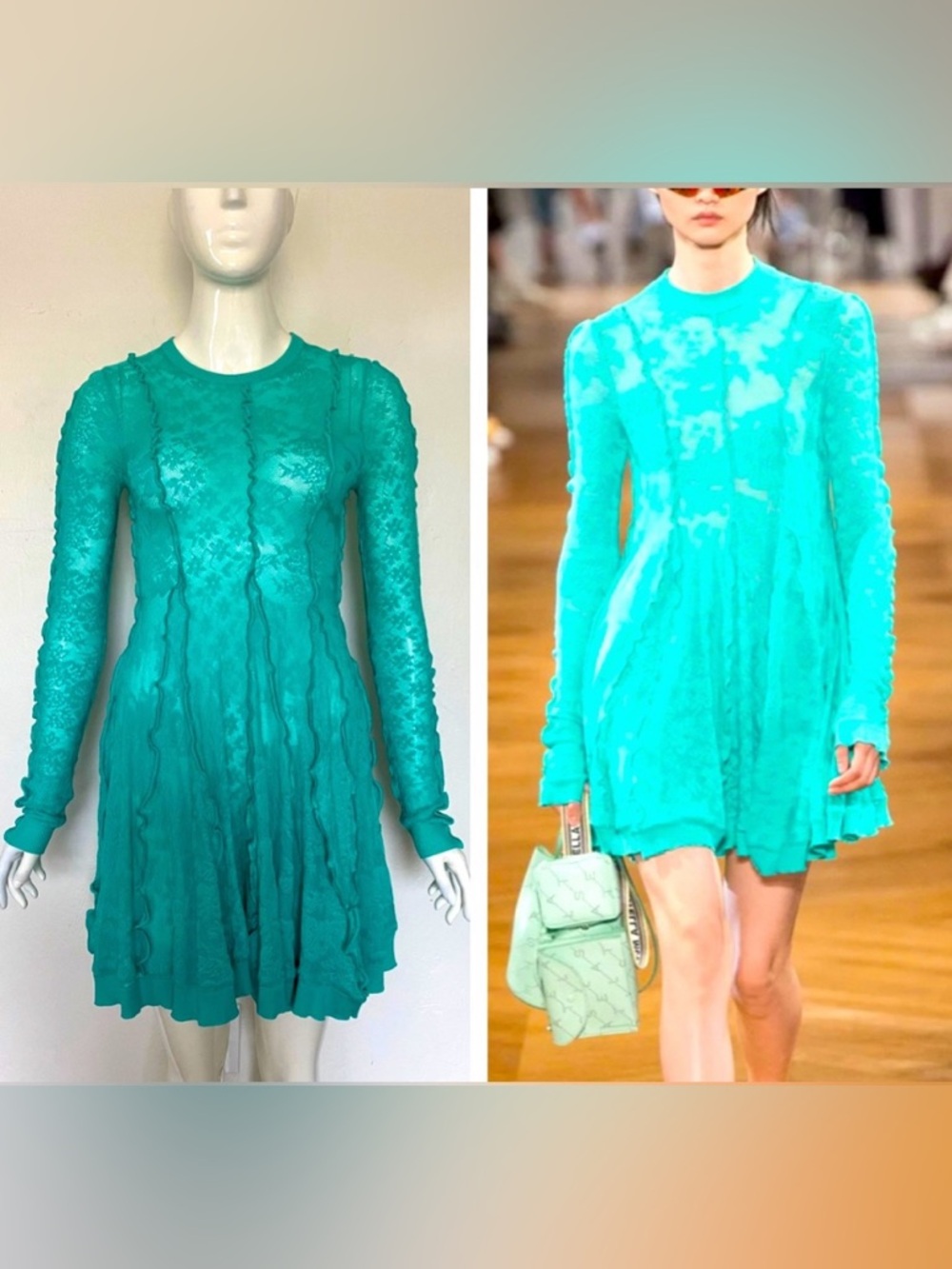 LUXE STELLA MCCARTNEY AQUA BLUE GREEN STRETCH SHEER LACE KNIT RUNWAY DRESS 36